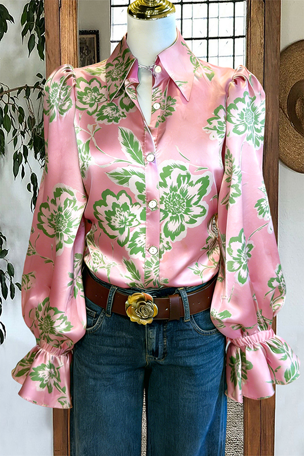 Fresh Floral Puff-Sleeve Satin Blouse