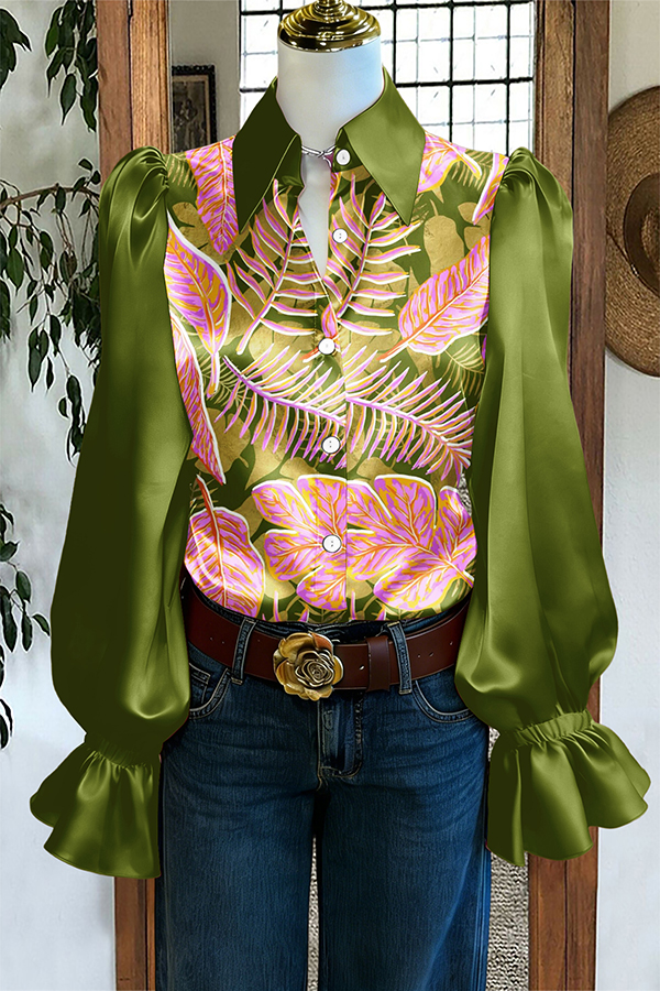 Vintage Leaf Puff-Sleeve Satin Blouse