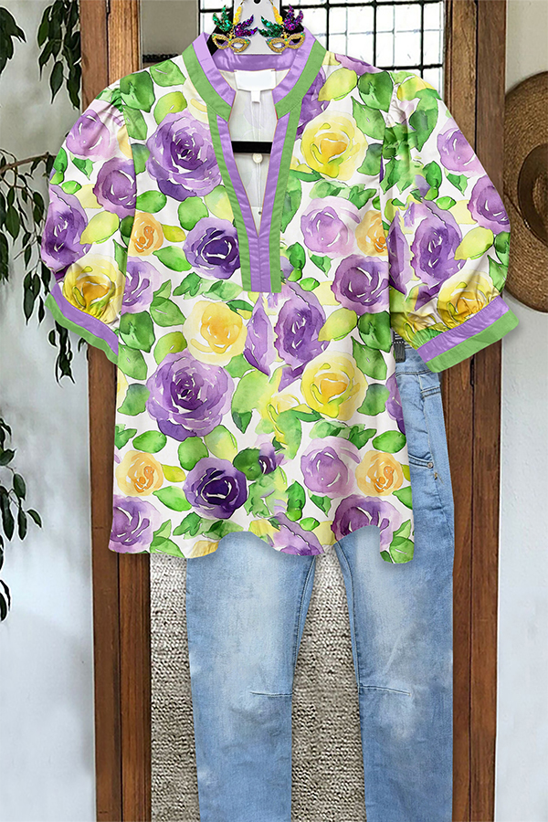 Mardi Gras Floral Puff-Sleeve Blouses