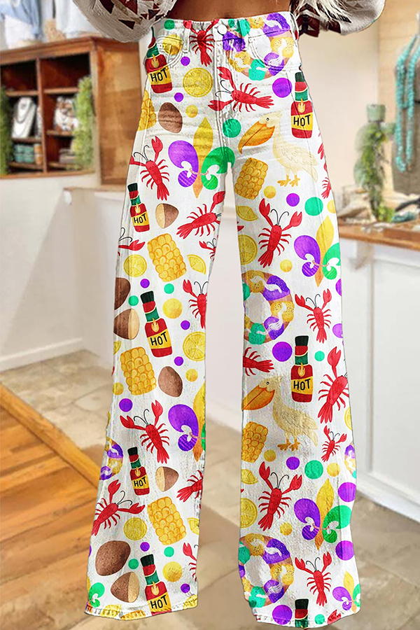 Cute Mardi Gras Crawfish Wide-Leg Pants