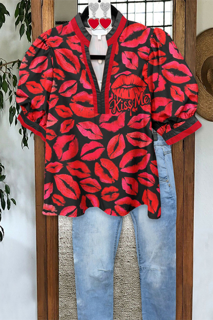 Valentine's Day Lip Puff-Sleeve Blouses
