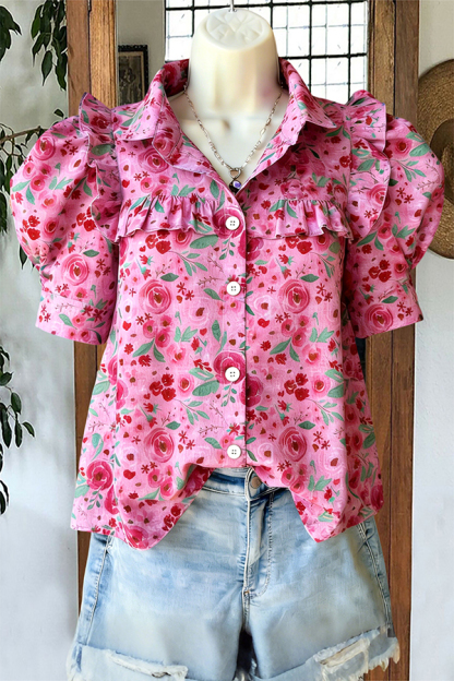 Fresh Floral Puff-Sleeve Blouses