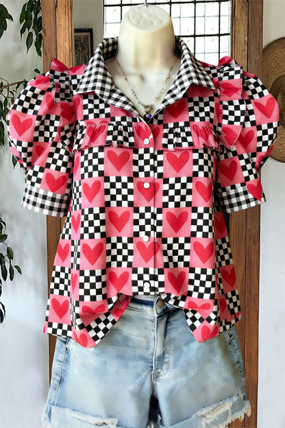 Valentine's Day Heart Checkerboard Puff-Sleeve Blouses