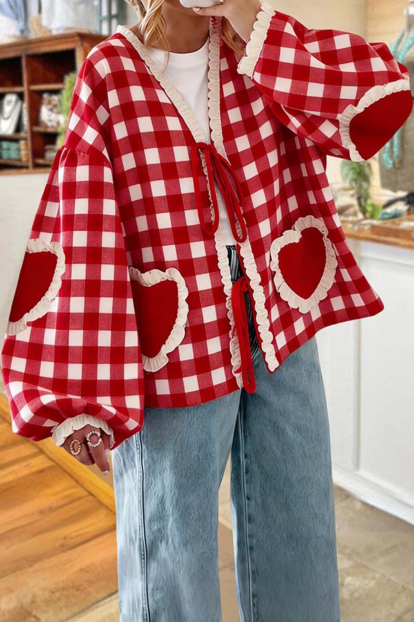 Sweet Valentine's Day Plaid Heart Lace Blouses