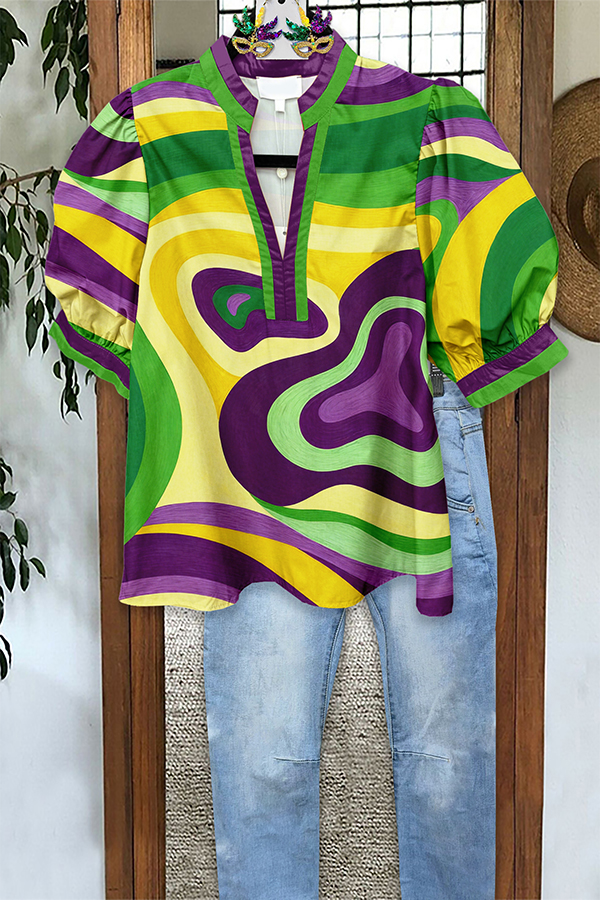 Mardi Gras Abstract Print Puff Sleeve Blouses
