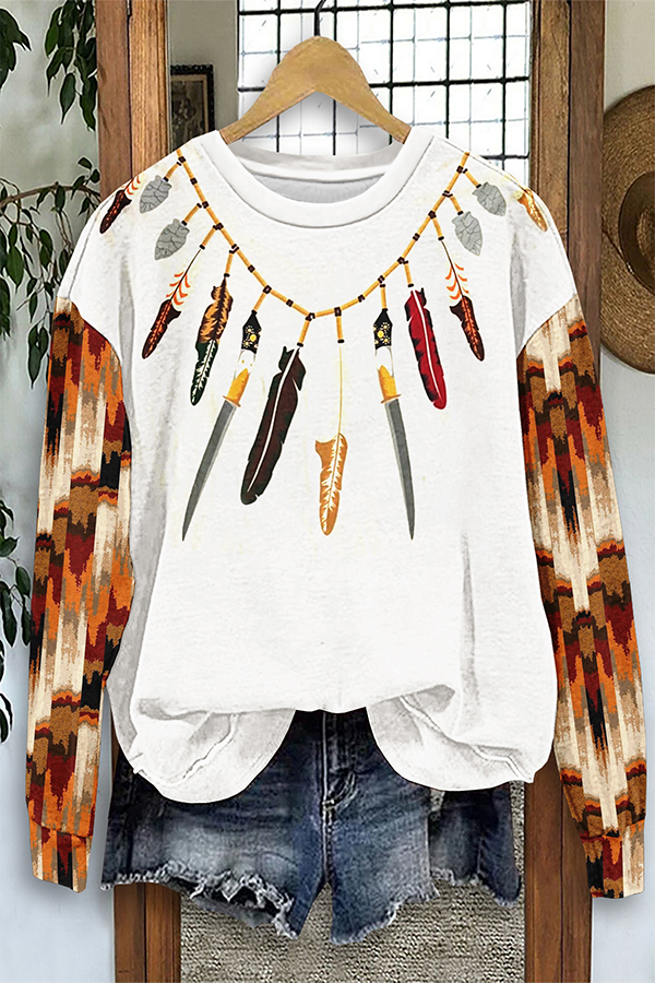 Casual Western Feather Print Sweatshirt