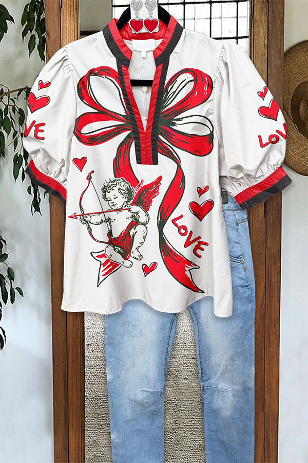 Cute Valentine's Day Puff Sleeve Blouses