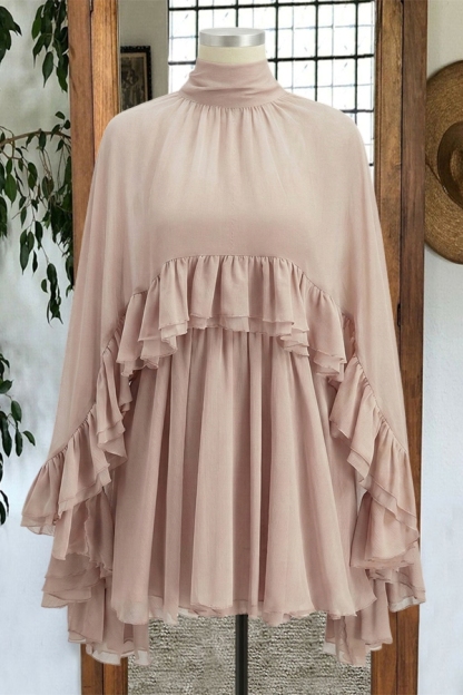 Elegant Sheer Chiffon Ruffle Dress And Shawl Two-Piece Set