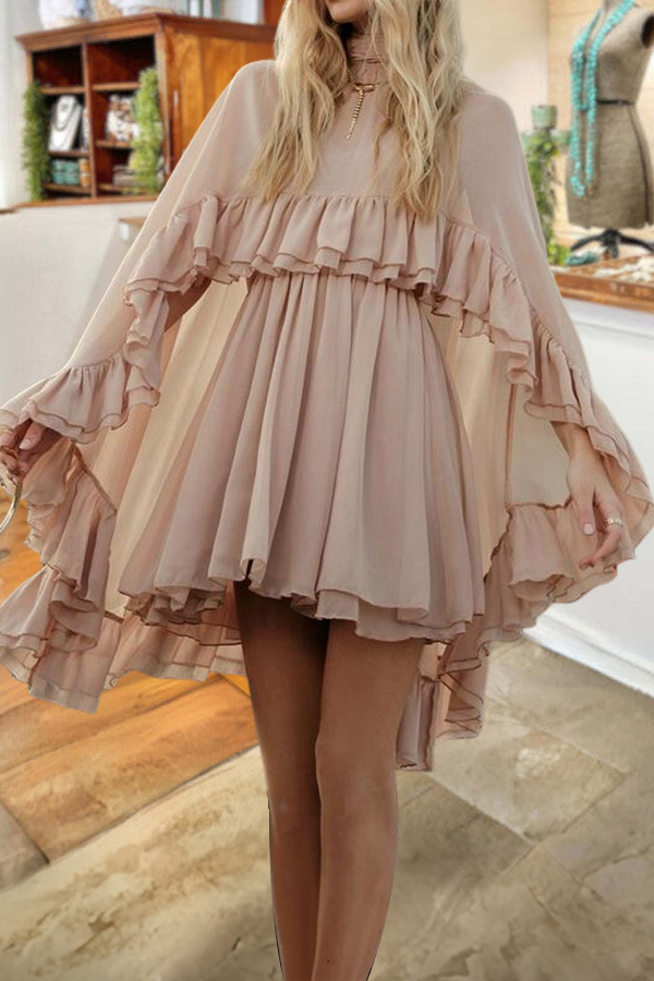 Elegant Sheer Chiffon Ruffle Dress And Shawl Two-Piece Set