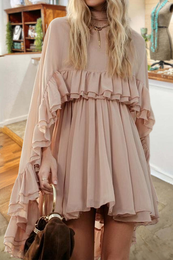 Elegant Sheer Chiffon Ruffle Dress And Shawl Two-Piece Set