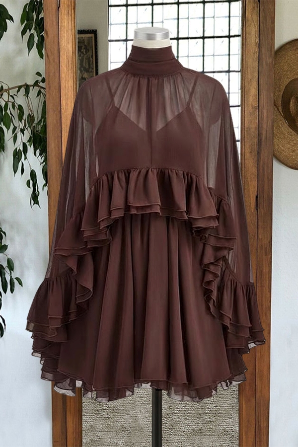 Elegant Sheer Chiffon Ruffle Dress And Shawl Two-Piece Set