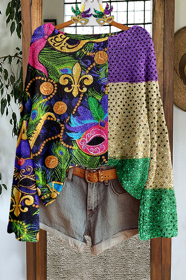 Mardi Gras Color Block Mask Sweater