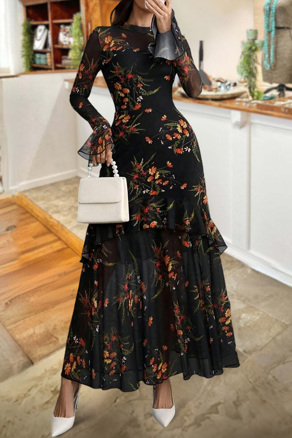 Elegant Floral Print Strapless Tulle Dress Two-Piece Set