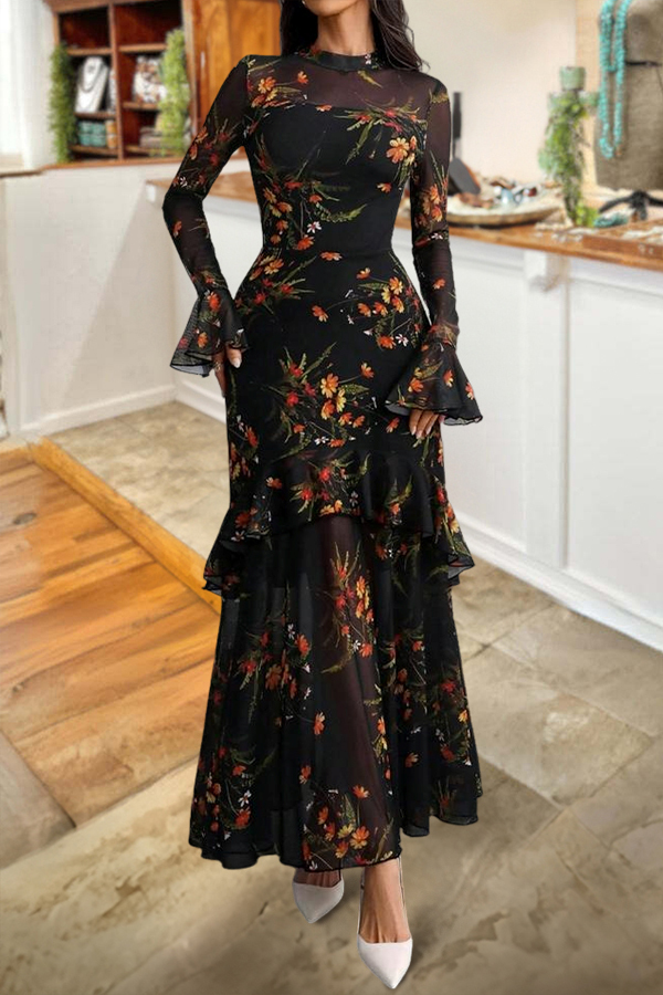 Elegant Floral Print Strapless Tulle Dress Two-Piece Set