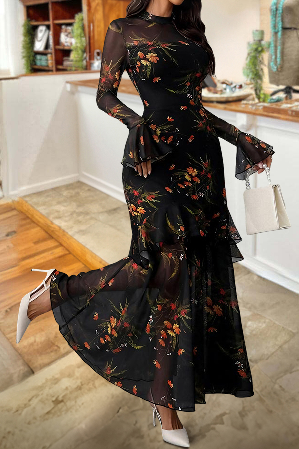 Elegant Floral Print Strapless Tulle Dress Two-Piece Set