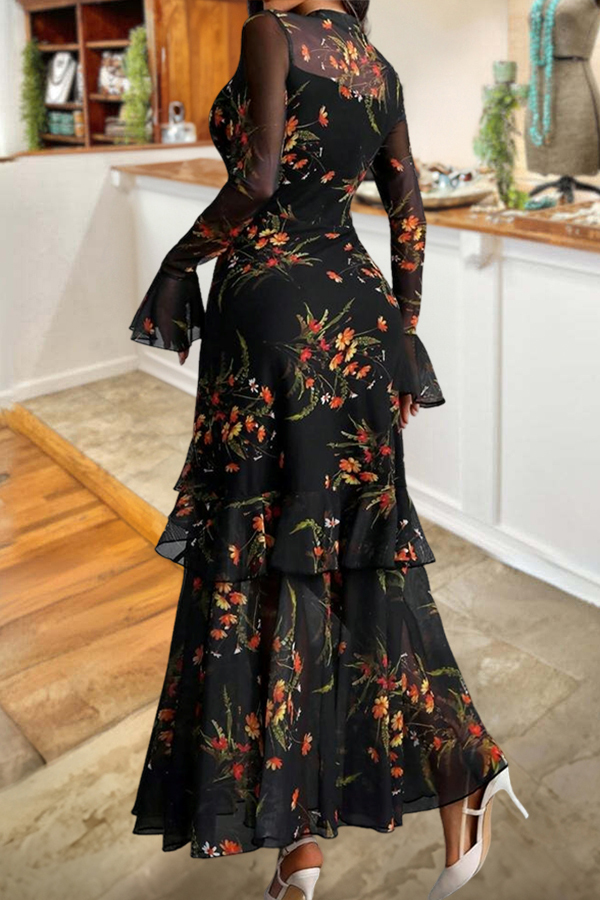 Elegant Floral Print Strapless Tulle Dress Two-Piece Set