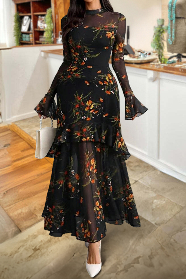 Elegant Floral Print Strapless Tulle Dress Two-Piece Set