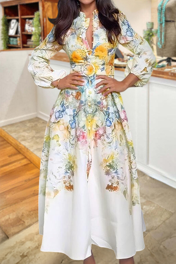 Elegant Floral Print Lantern Sleeve Dress