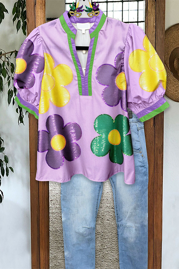 Mardi Gras Floral Puff Sleeve Blouse
