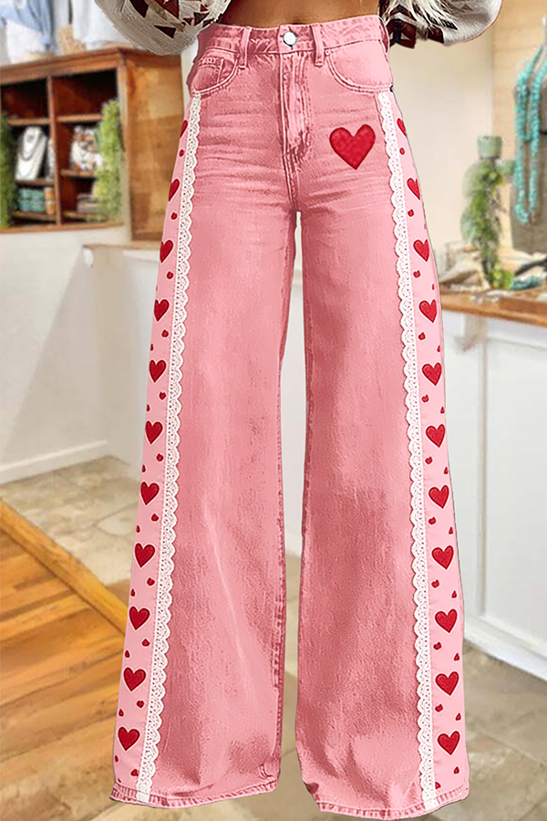 Sweet Valentine's Day Heart Wide-Leg Pants