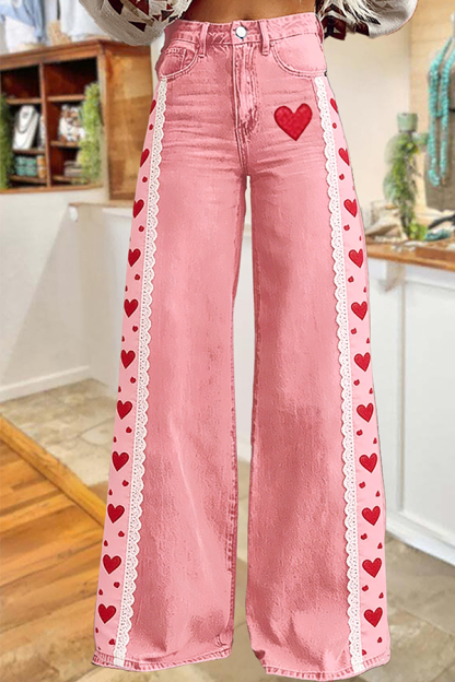 Sweet Valentine's Day Heart Wide-Leg Pants