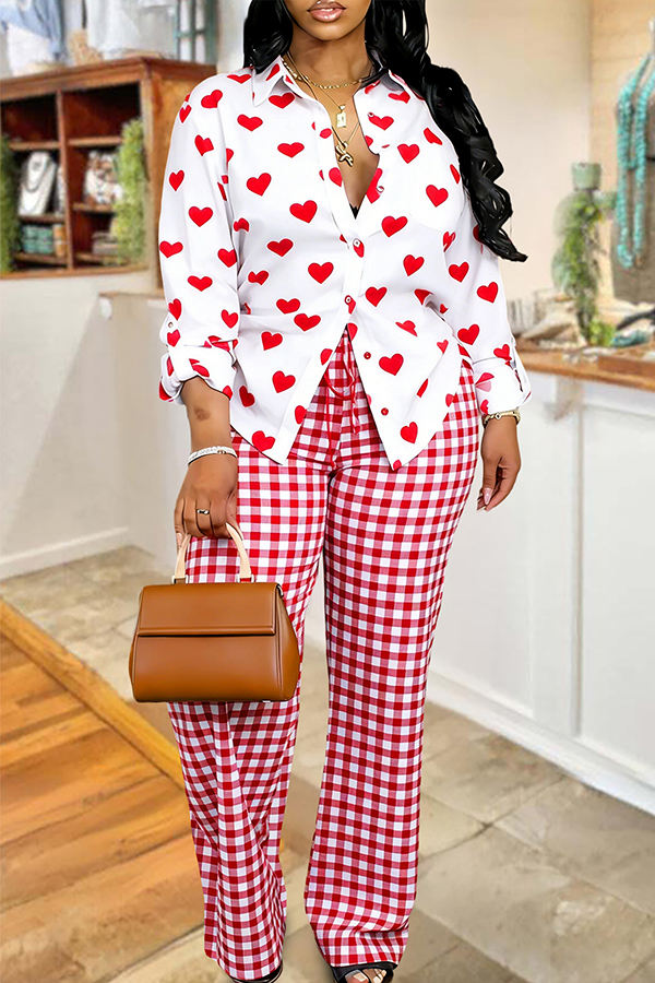 Valentine's Day Heart Plaid Shirt And Pants Two-Piece Set