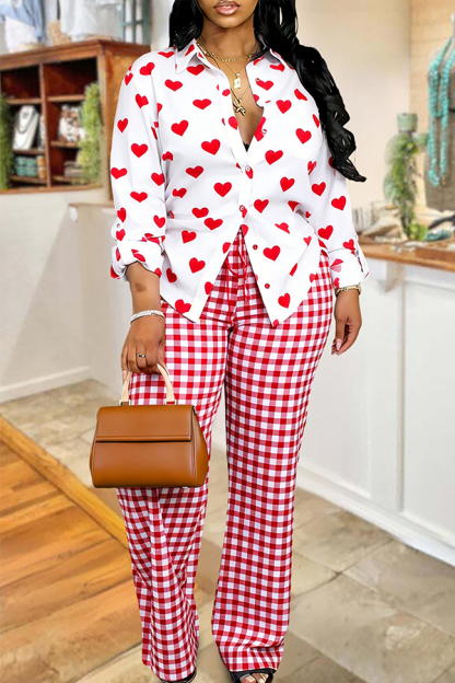 Valentine's Day Heart Plaid Shirt And Pants Two-Piece Set