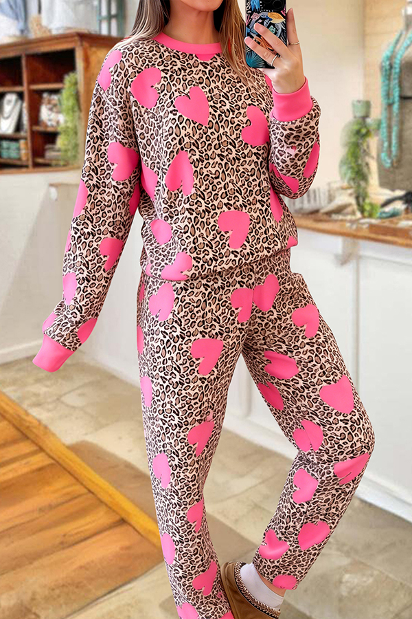 Valentine's Day Heart Leopard Print Top And Pants Two-Piece Set