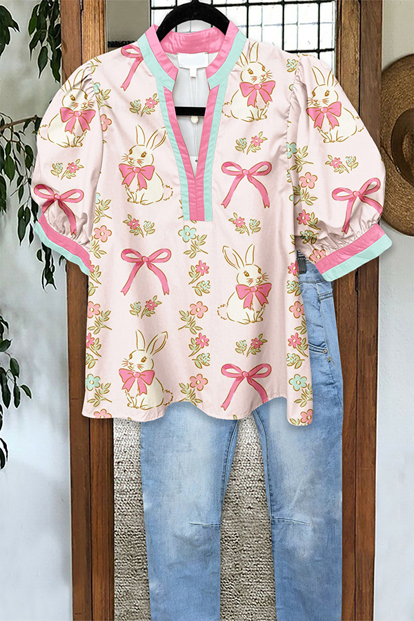 Cute Easter Bunny Bow Puff Sleeve Blouse