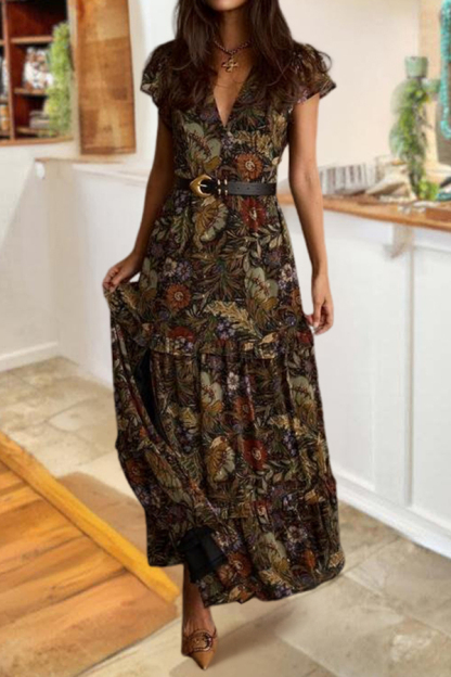 Vintage Floral V-Neck Chiffon Maxi Dress
