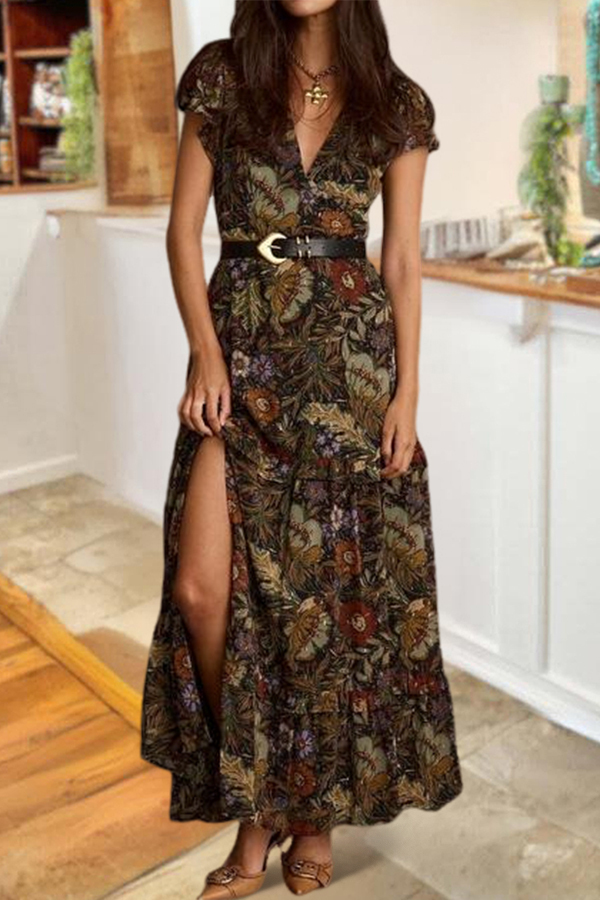Vintage Floral V-Neck Chiffon Maxi Dress