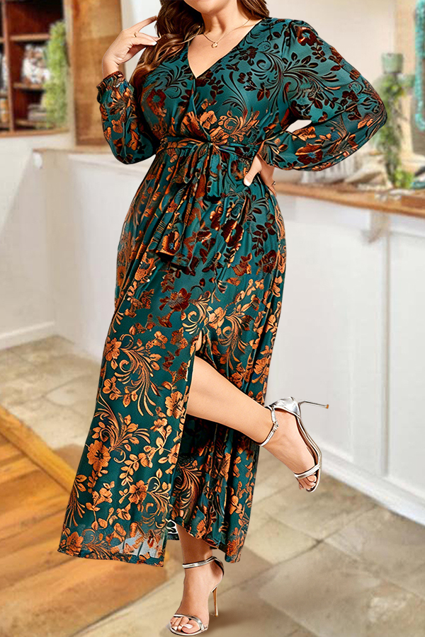Elegant Floral V-Neck Long Sleeve Waist-Tied Dress