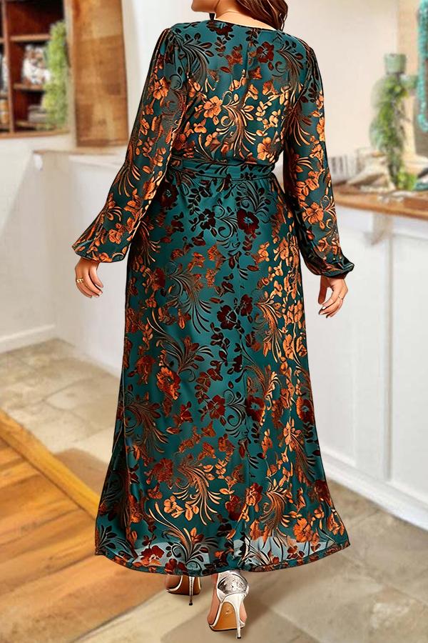 Elegant Floral V-Neck Long Sleeve Waist-Tied Dress