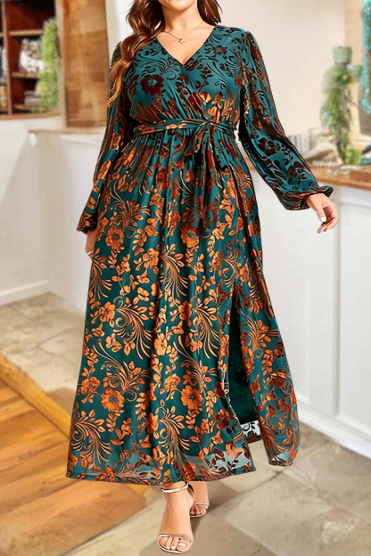 Elegant Floral V-Neck Long Sleeve Waist-Tied Dress