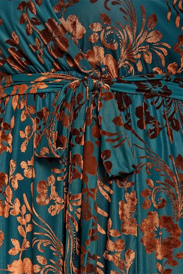 Elegant Floral V-Neck Long Sleeve Waist-Tied Dress