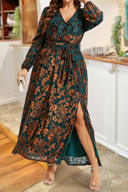 Elegant Floral V-Neck Long Sleeve Waist-Tied Dress