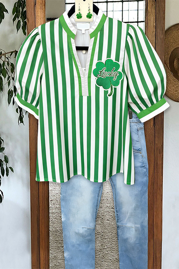 St. Patrick's Day Lucky Stripe Puff Sleeve Blouses