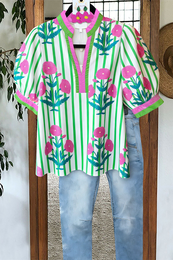 Fresh Striped Floral Puff Sleeve Blouses