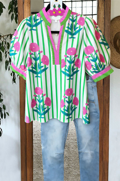 Fresh Striped Floral Puff Sleeve Blouses