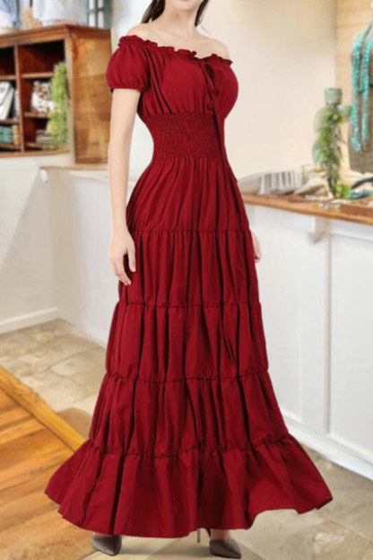 Vintage Ruffled Drawstring Maxi Dress