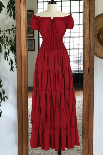 Vintage Ruffled Drawstring Maxi Dress