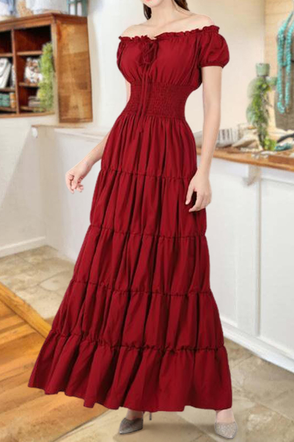 Vintage Ruffled Drawstring Maxi Dress