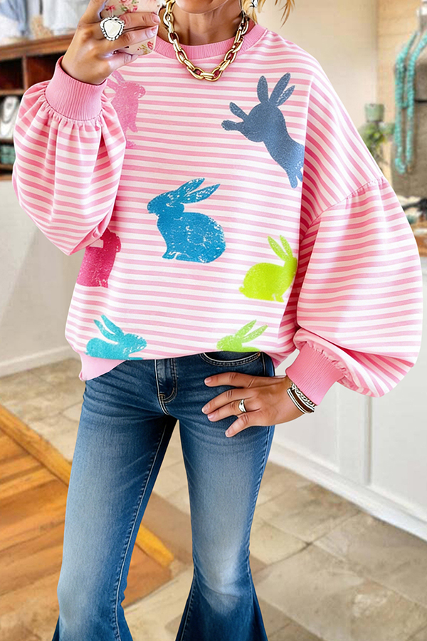 Easter Bunny Striped Lantern Sleeve Sweatshirt