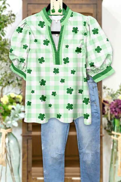 St. Patrick's Day Plaid Puff Sleeve Blouses
