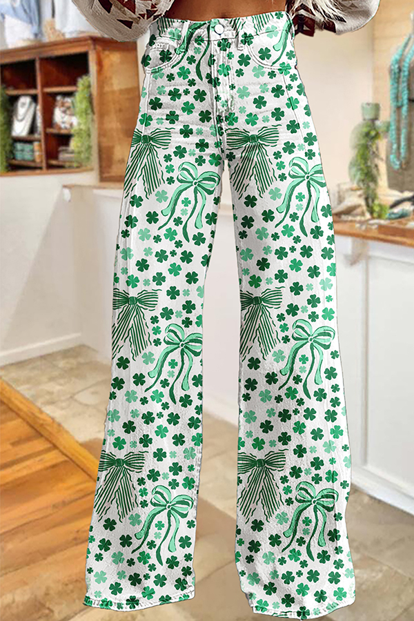 St. Patrick's Day Bowknot Wide Leg Pants