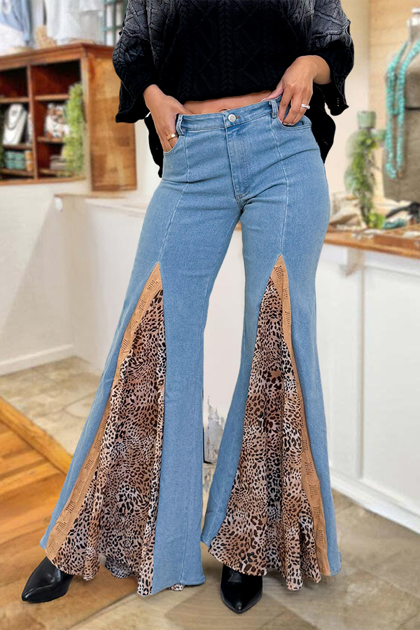 Women's jeans | Classic Leopard Print Patchwork Denim Flare Pants |ladyboutiquebd