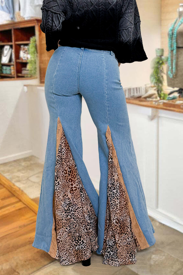 Classic Leopard Print Patchwork Denim Flare Pants
