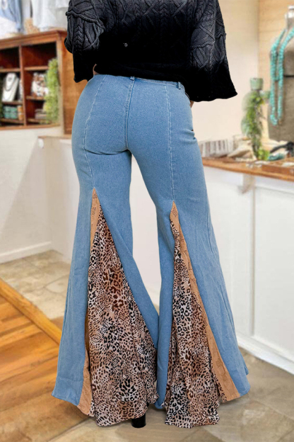Classic Leopard Print Patchwork Denim Flare Pants