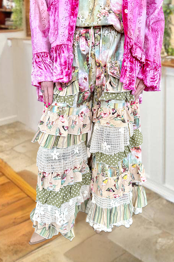 Fresh Polka Dot Floral Ruffle Long Pants