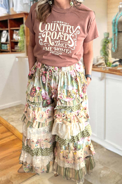 Fresh Polka Dot Floral Ruffle Long Pants